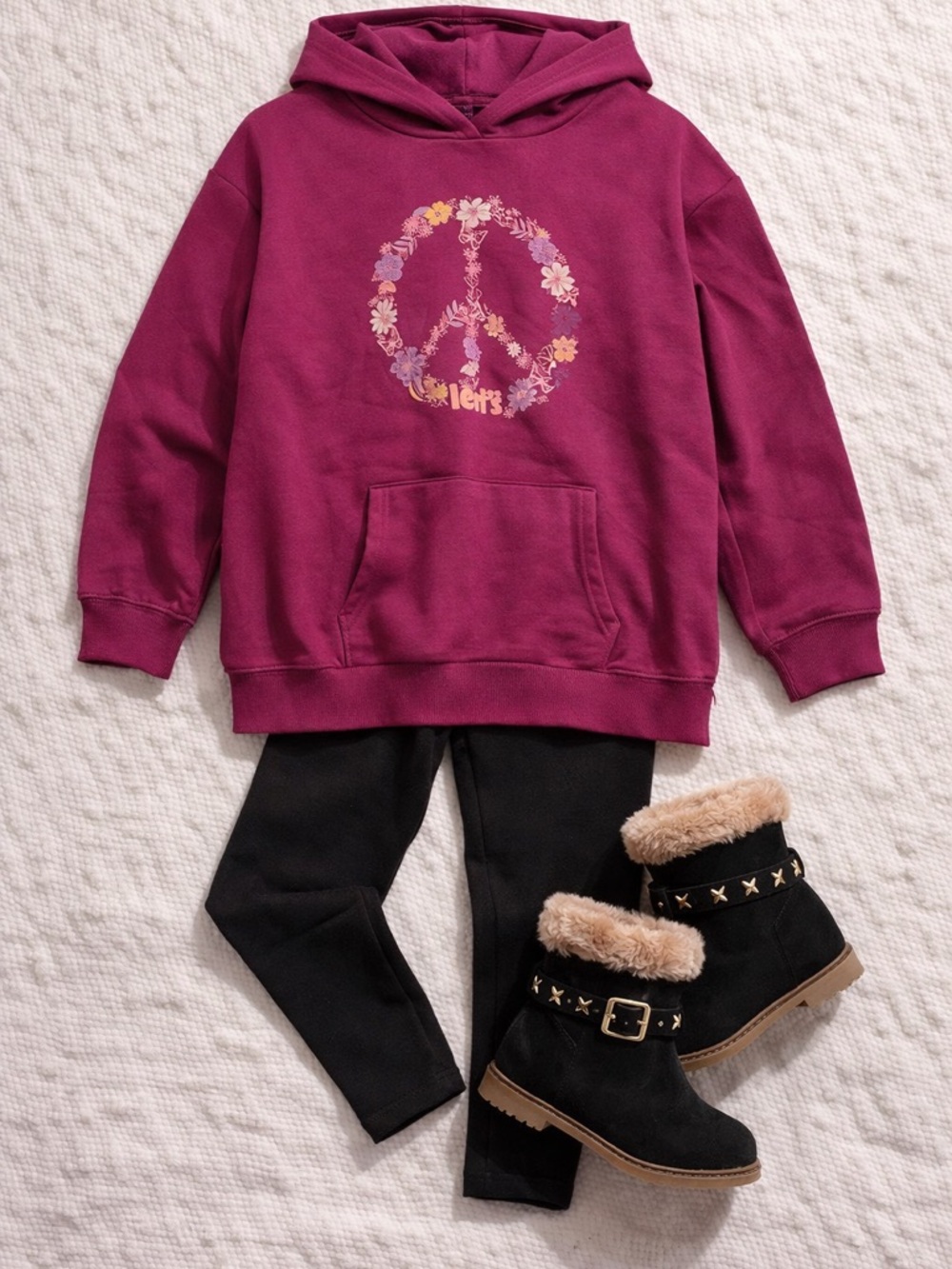 Girls' Magenta Floral Peace Sign Hoodie